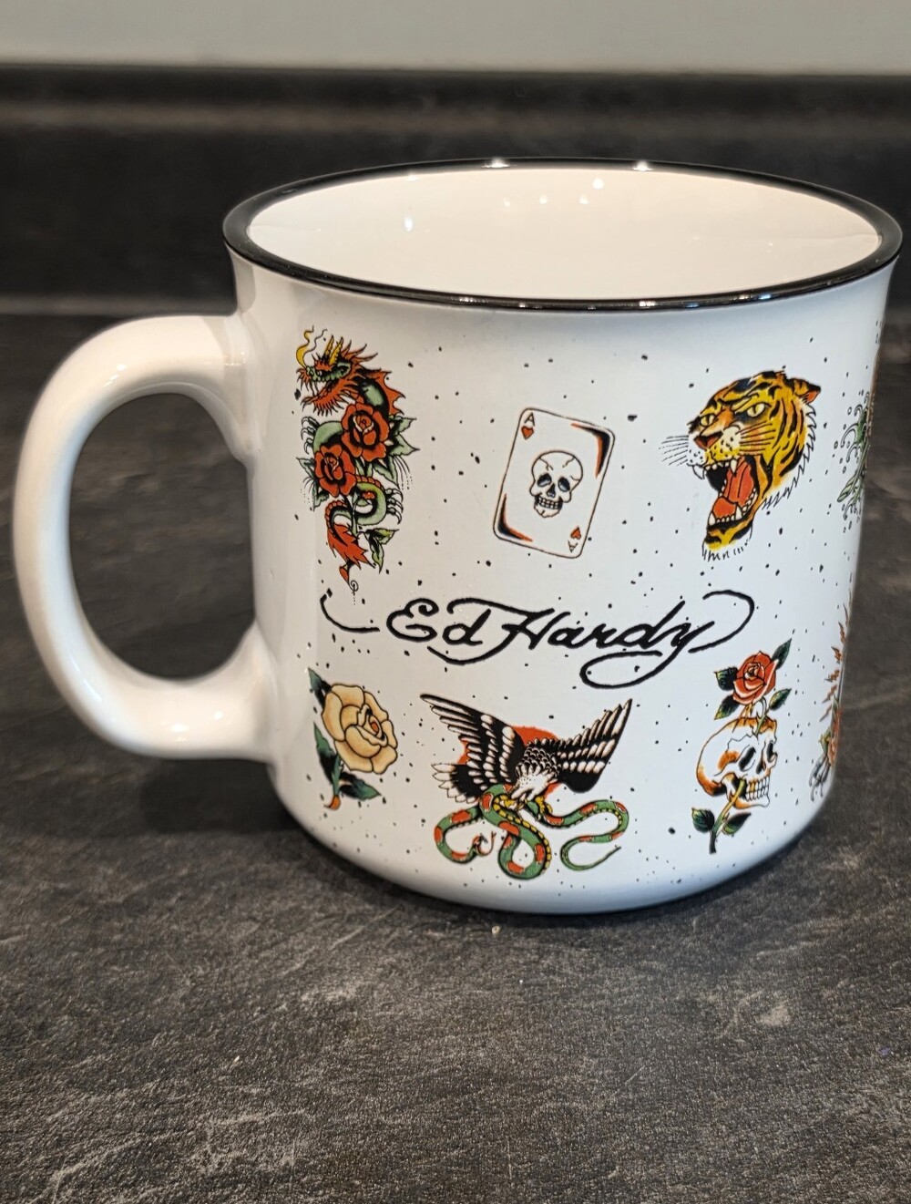 Ed Hardy White Tattoo-Print Mug with Black Rim